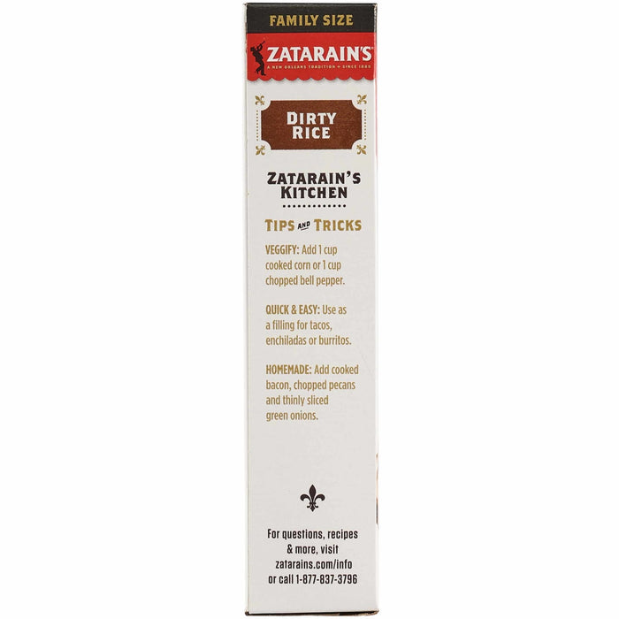 The side panel of a box of Zatarains Regular Dirty Rice Mix Long Grain 12 Oz features tips and tricks for customizing the meal such as adding vegetables or using it as a taco filling.