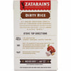 The back of a box of Zatarains Regular Dirty Rice Mix Long Grain 12 Oz provides stove top cooking directions and highlights that the product is gluten free with no MSG added.