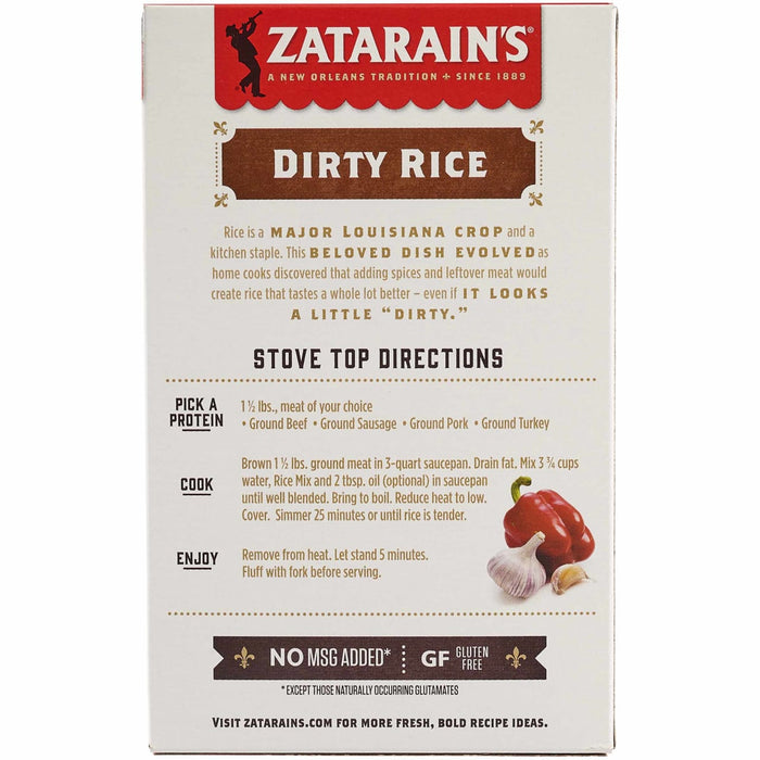 The back of a box of Zatarains Regular Dirty Rice Mix Long Grain 12 Oz provides stove top cooking directions and highlights that the product is gluten free with no MSG added.