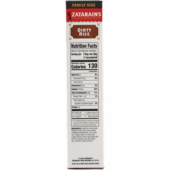 The side panel of a box of Zatarains Regular Dirty Rice Mix Long Grain 12 Oz displays the nutrition facts and a list of ingredients including enriched long grain parboiled rice and various spices.