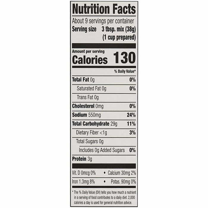 A nutrition facts label for Zatarains Regular Dirty Rice Mix Long Grain 12 Oz showing 130 calories per serving and 24 percent daily value of sodium.