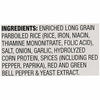 The ingredient list for Zatarains Regular Dirty Rice Mix Long Grain 12 Oz includes enriched long grain parboiled rice, salt, onion, garlic, hydrolyzed corn protein, spices such as red pepper and paprika, red and green bell pepper, and yeast extract.