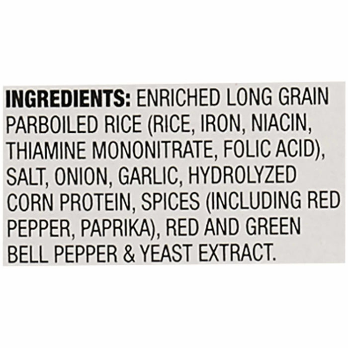 The ingredient list for Zatarains Regular Dirty Rice Mix Long Grain 12 Oz includes enriched long grain parboiled rice, salt, onion, garlic, hydrolyzed corn protein, spices such as red pepper and paprika, red and green bell pepper, and yeast extract.