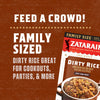 A box of Zatarain's Dirty Rice mix with a tagline that says 'Feed a crowd! Family sized. Dirty rice great for cookouts, parties, and more.'