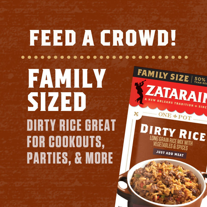 A box of Zatarain's Dirty Rice mix with a tagline that says 'Feed a crowd! Family sized. Dirty rice great for cookouts, parties, and more.'