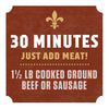 A red and gold sign with a fleur-de-lis design that reads 30 minutes, just add meat, 1 1/2 lb cooked ground beef or sausage.