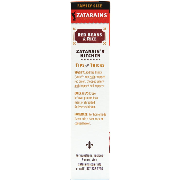 Zatarain's Red Beans &amp; Rice box with tips and tricks for making the dish.