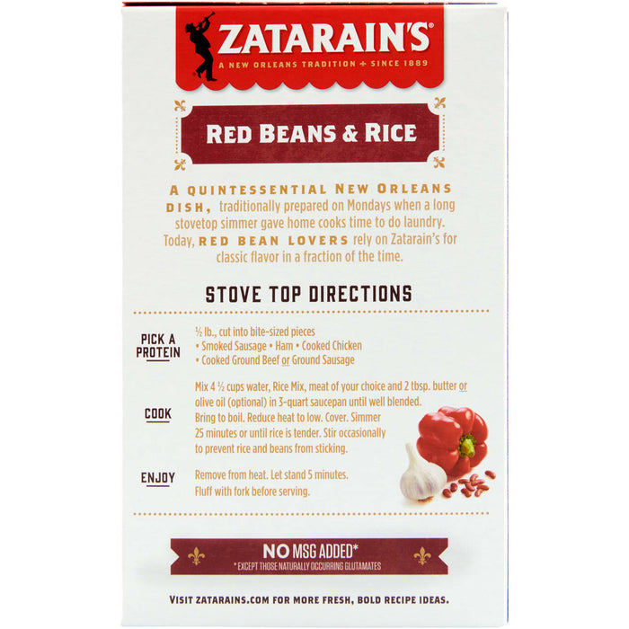 A box of Zatarain's Red Beans and Rice mix with instructions on how to prepare the dish.