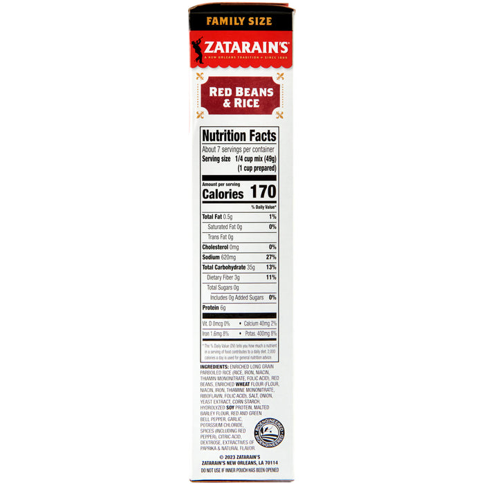 A box of Zatarain's Red Beans &amp; Rice with nutrition facts and ingredients listed.