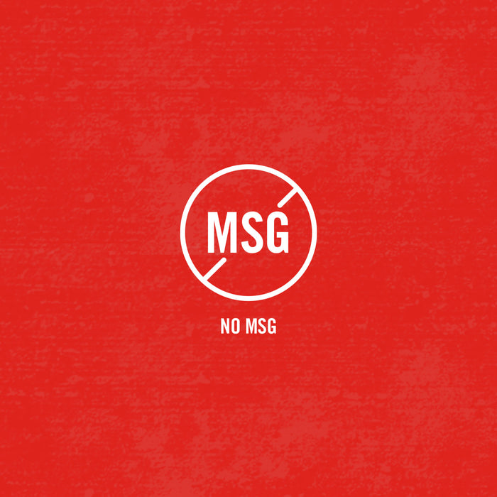 A white circle with a diagonal line through it and the letters MSG inside, with the words NO MSG below.