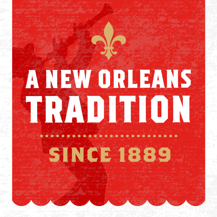 A red banner with a silhouette of a person playing a trumpet and the words 'A New Orleans Tradition Since 1889.'