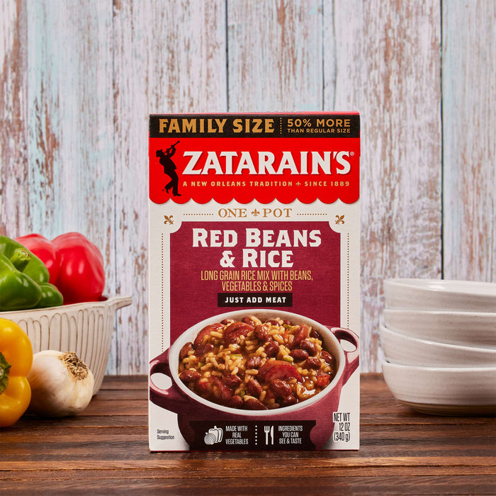A box of Zatarain's Red Beans &amp; Rice mix with a serving suggestion of the dish on the box.