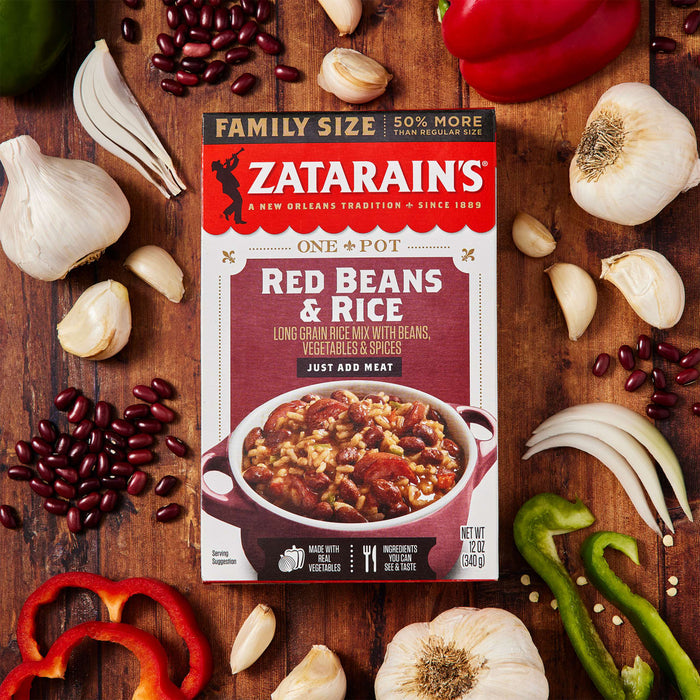 A box of Zatarain's Red Beans &amp; Rice with ingredients around it.