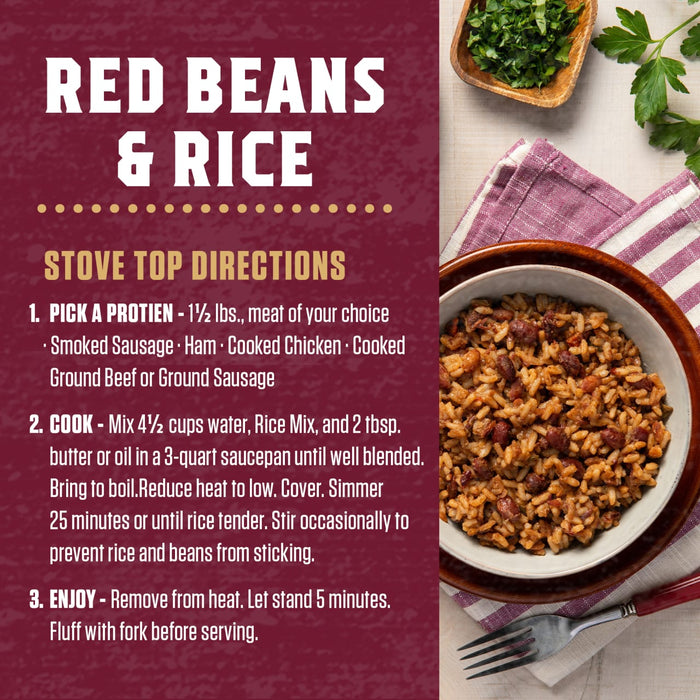 A bowl of red beans and rice with instructions on how to make it.