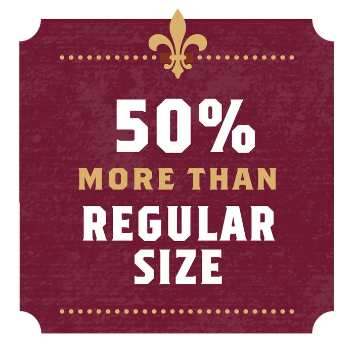A maroon graphic with a gold fleur-de-lis at the top and the text 50% more than regular size in white.