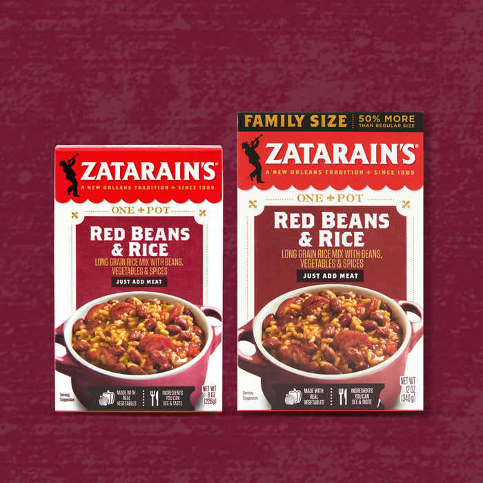 Two boxes of Zatarain's Red Beans &amp; Rice, one a family size and one a regular size.