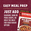 A box of Zatarain's Red Beans &amp; Rice with the text 'Easy Meal Prep, Just Add Sausage, Ham or Pork Chops, or Hold the Meat for Vegetarian Option.'