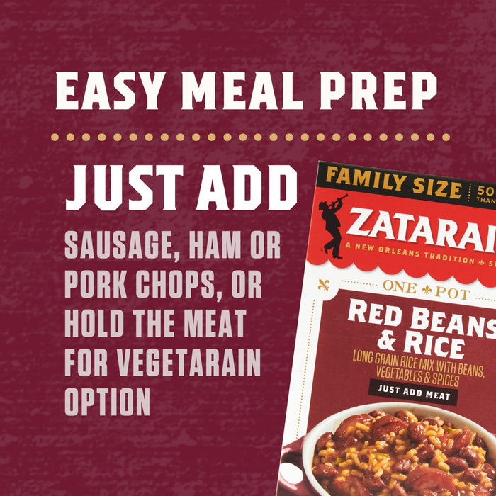 A box of Zatarain's Red Beans &amp; Rice with the text 'Easy Meal Prep, Just Add Sausage, Ham or Pork Chops, or Hold the Meat for Vegetarian Option.'
