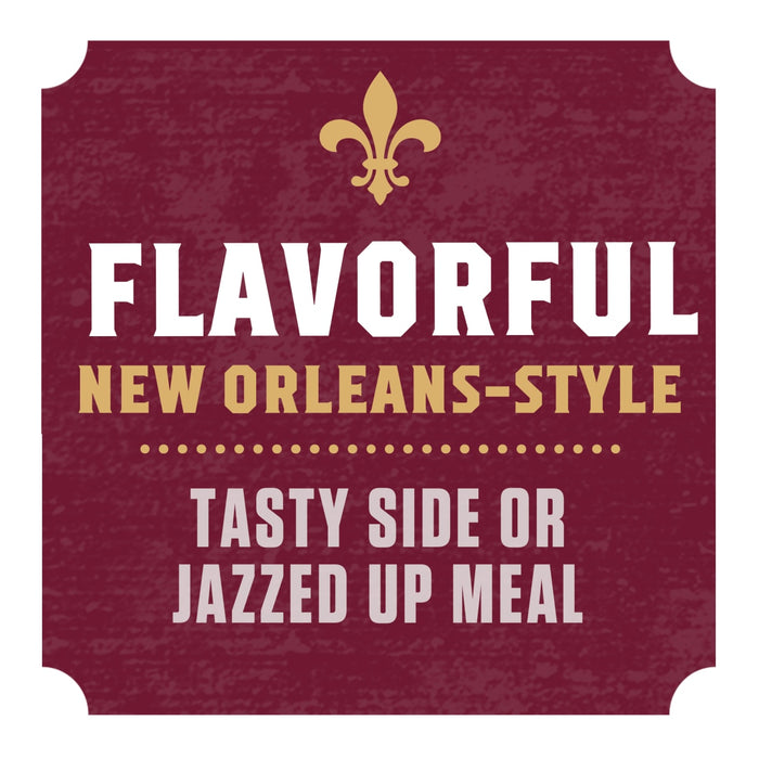 A maroon and gold graphic with the text Flavorful New Orleans-Style Tasty Side or Jazzed Up Meal.