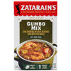 A red and white box of Zatarains Gumbo White Rice Mix Long Grain 7 Oz is shown in front of a white background, with a prepared bowl of shrimp and okra gumbo pictured below the product title.