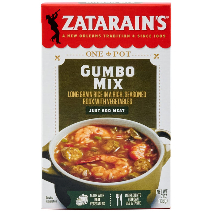 A red and white box of Zatarains Gumbo White Rice Mix Long Grain 7 Oz is shown in front of a white background, with a prepared bowl of shrimp and okra gumbo pictured below the product title.