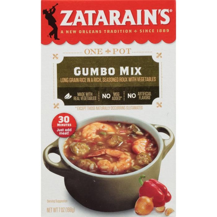 A box of Zatarain's Gumbo Mix with a serving suggestion of the finished product.