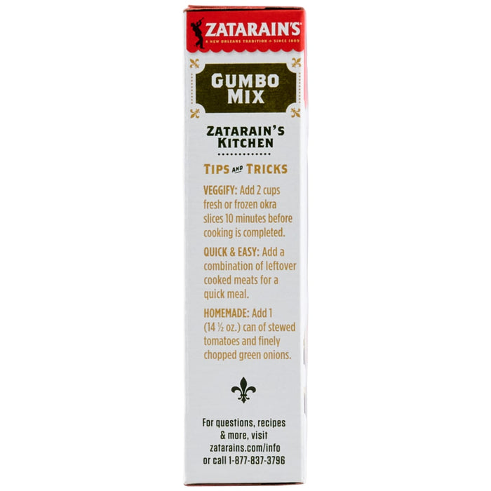 The side panel of a box of Zatarains Gumbo White Rice Mix Long Grain 7 Oz displays Zatarain's Kitchen Tips and Tricks for preparing the meal.