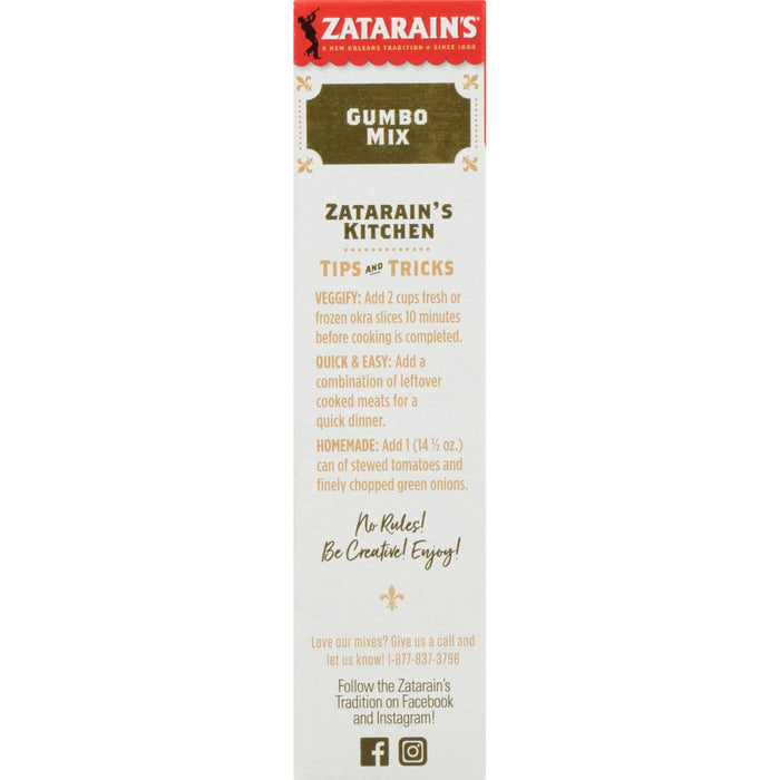 Zatarain's Gumbo Mix box with tips and tricks for using the product.