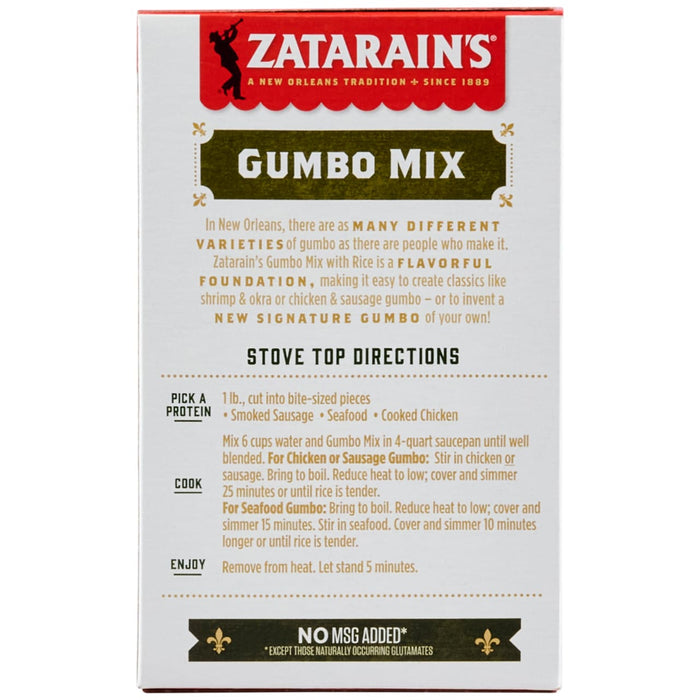 The back panel of a Zatarain's Gumbo White Rice Mix Long Grain 7 Oz box, featuring cooking directions, protein suggestions, and a NO MSG ADDED statement.