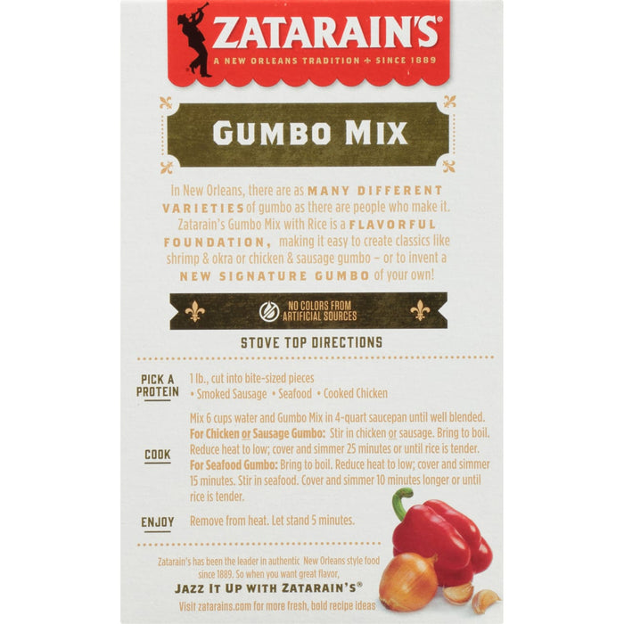 Zatarain's Gumbo Mix box with instructions and a picture of bell peppers, garlic, and an onion.