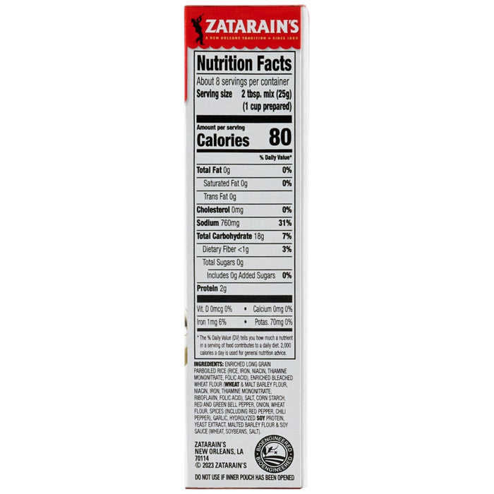 A white and red Zatarain's product label displays nutrition facts and ingredients for Zatarains Gumbo White Rice Mix Long Grain 7 Oz.