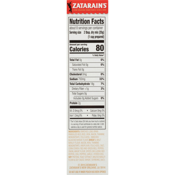 Zatarain's nutrition facts label for their rice mix.