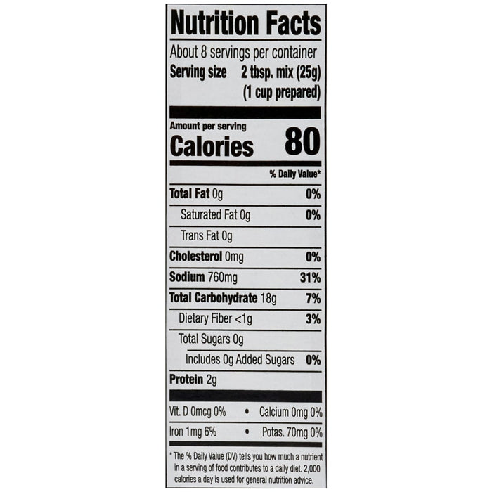 The nutrition facts label for Zatarains Gumbo White Rice Mix Long Grain 7 Oz, indicating that a 25g serving of the mix contains 80 calories and 760mg of sodium.