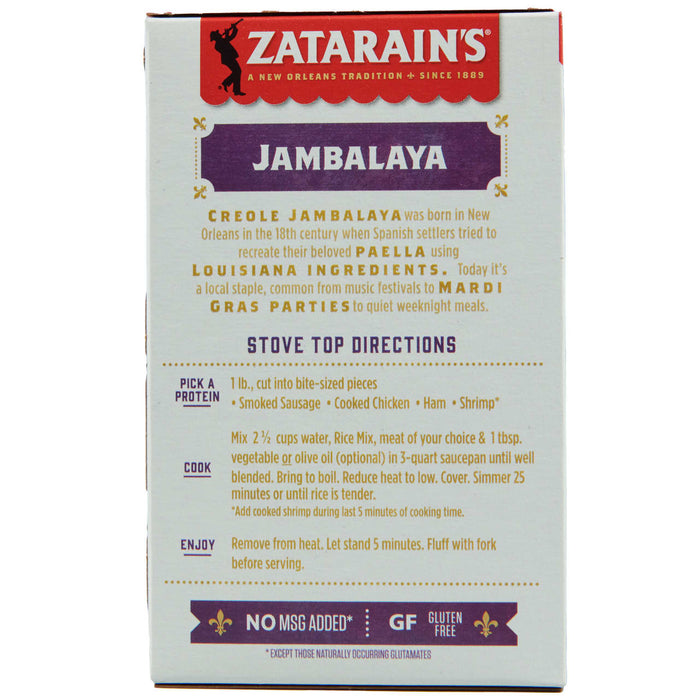 A box of Zatarain's Jambalaya mix with instructions on how to prepare it.