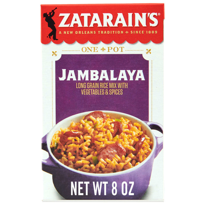 A box of Zatarain's Jambalaya mix with a picture of the prepared dish.