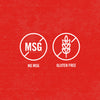 Two white icons on a red background, one says no MSG and the other says gluten free.