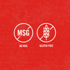 Two white icons on a red background, one says no MSG and the other says gluten free.