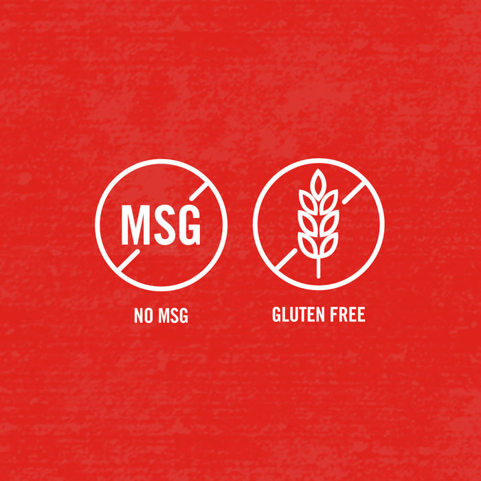 Two white icons on a red background, one says no MSG and the other says gluten free.