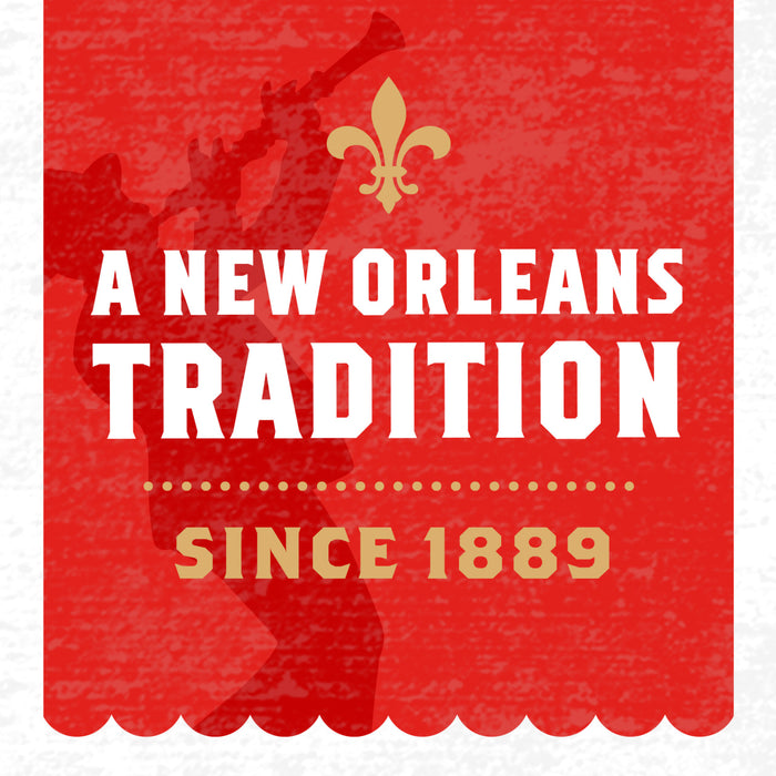 A red banner with a silhouette of a person playing a trumpet a fleur-de-lis and the text A New Orleans Tradition Since 1889.