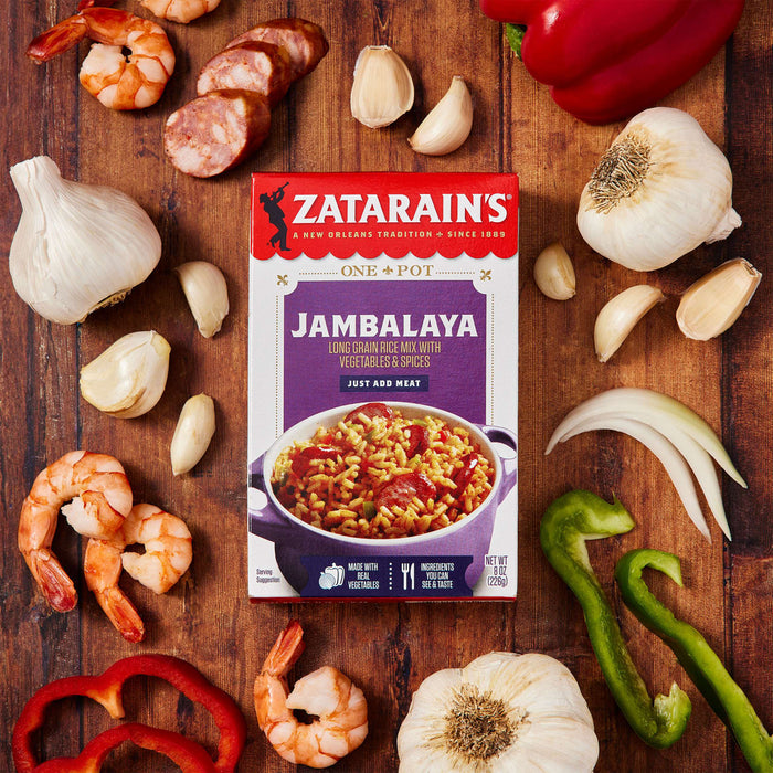 A box of Zatarains Jambalaya mix with ingredients like shrimp peppers and garlic.