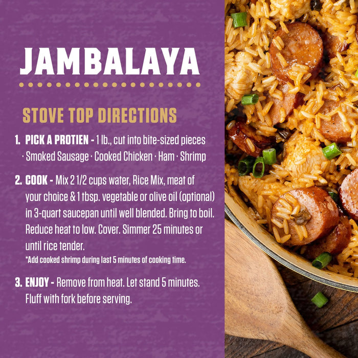 A purple background with instructions for making jambalaya with a photo of jambalaya in a pot.