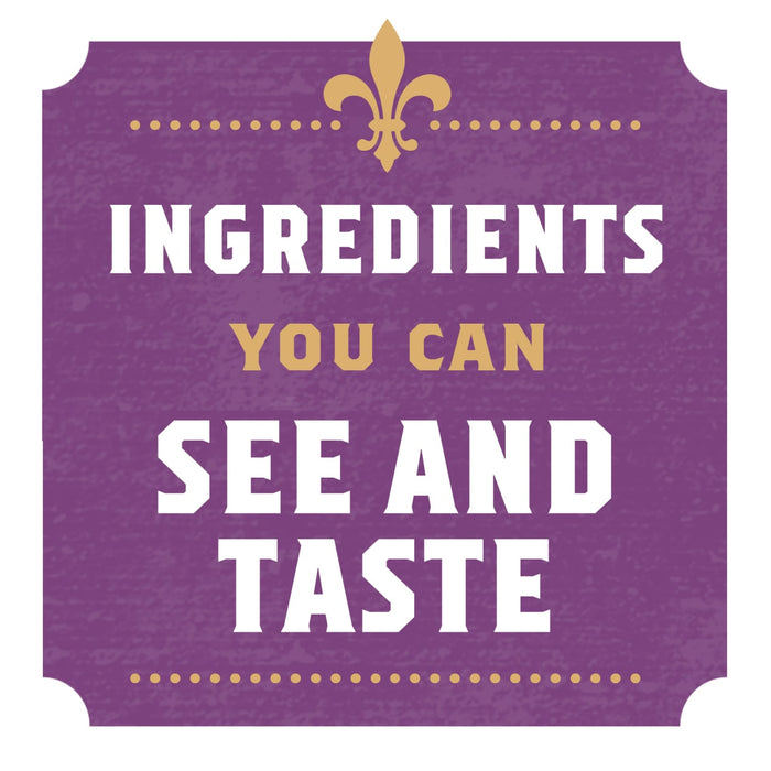 A purple and gold graphic with the text Ingredients You Can See and Taste.