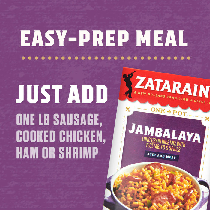 A box of Zatarains Jambalaya mix with a purple background and the text Easy-Prep Meal Just Add One Lb Sausage Cooked Chicken Ham or Shrimp.