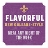 A purple and gold graphic with the text Flavorful New Orleans-Style Meal Any Night of the Week.