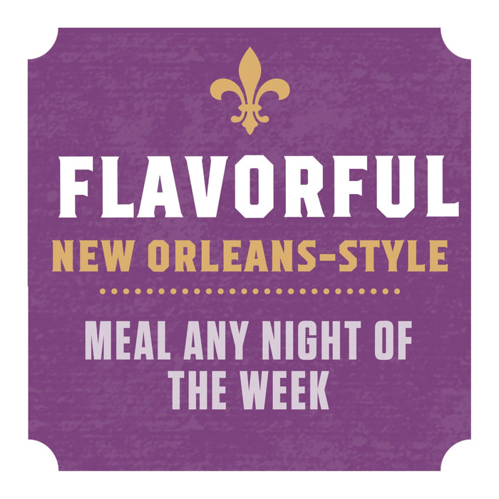 A purple and gold graphic with the text Flavorful New Orleans-Style Meal Any Night of the Week.