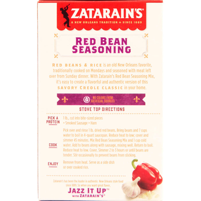 A box of Zatarains Red Bean Seasoning with instructions on how to make red beans and rice.