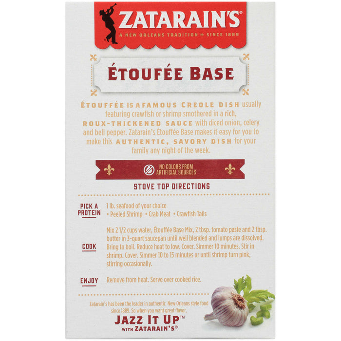 A box of Zatarains A?touffACe Base mix with instructions on how to make the dish.