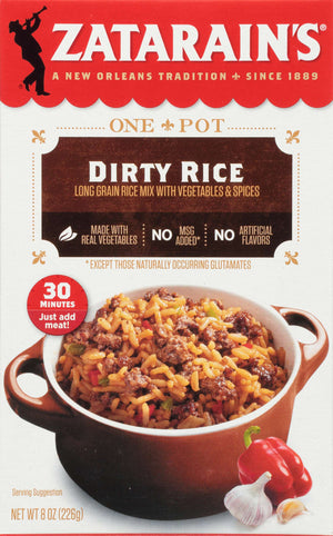 A box of Zatarains Dirty Rice mix with a serving suggestion of the rice with ground beef peppers and garlic.