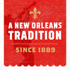 This illustration features a New Orleans tradition logo with a musician silhouette fleur-de-lis and the text A New Orleans Tradition Since 1889.
