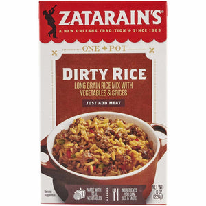 A box of Zatarains New Orleans Dirty Rice Mix Long Grain 8 Oz featuring a bowl of prepared rice with meat and vegetables against a red and white background.